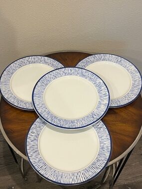 4 Fitz And Floyd Everyday White Bistro Blue Stripe Dinner Plates 11 Inches